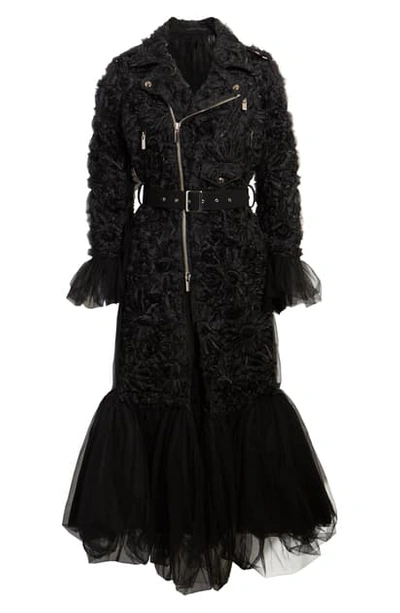 Noir Kei Ninomiya Embroidered Nylon & Tulle Trench Coat In Black