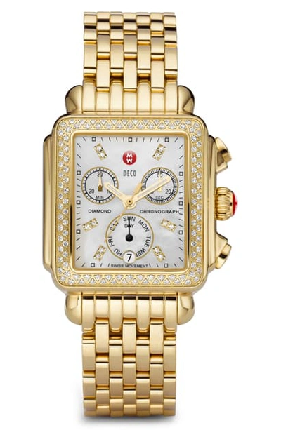 Michele Deco Diamond Chronograph Watch Head & Bracelet, 33mm In Gold/ Mop