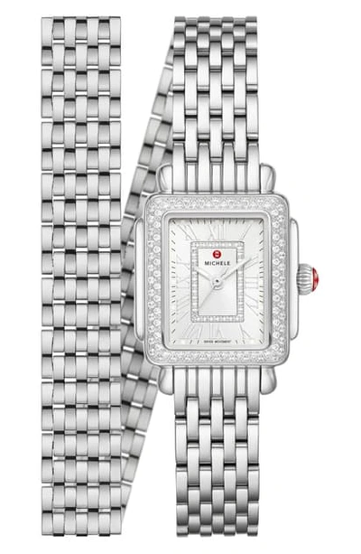 Michele Deco Madison Mini Diamond Bracelet Watch, 22mm In Silver/ Silver White Sunray