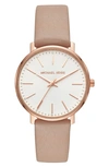 Michael Kors Mk2741 Pyper Leather Watch In Pink 38mm In Mocha/ White/ Rose Gold