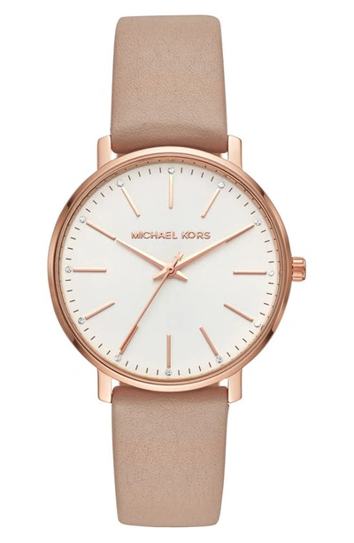 Michael Kors Mk2741 Pyper Leather Watch In Pink 38mm In Mocha/ White/ Rose Gold