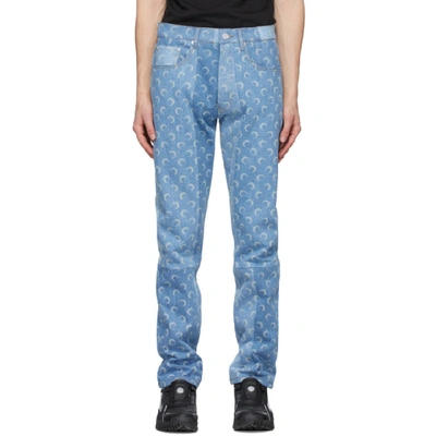 Marine Serre Crescent Moon-print Straight-leg Patchwork Jeans In Blue