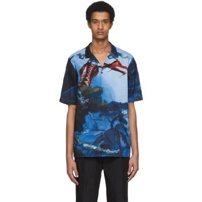 Valentino Multicolor Dragon Garden Short Sleeve Shirt In Blue