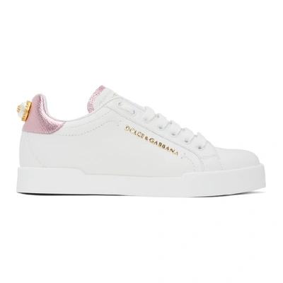 Dolce & Gabbana Women Portofino Leather Low-top Sneakers With Lateral Lettering Logo In White