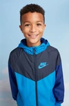 Nike Kids' Windrunner Water Resistant Hooded Jacket In Pacific Blue/ Blue Void/ Green