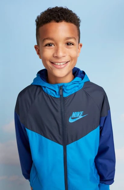 Nike Kids' Windrunner Water Resistant Hooded Jacket In Pacific Blue/ Blue Void/ Green