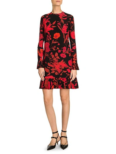 Valentino Floral Flounce Hem Silk Dress In Black Red