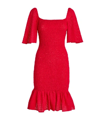 Marysia Smocked Perforated Cotton Mini Dress In Red