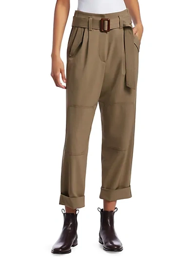 Brunello Cucinelli Crinkle Pleat Paperbag Belted Pant In Khaki
