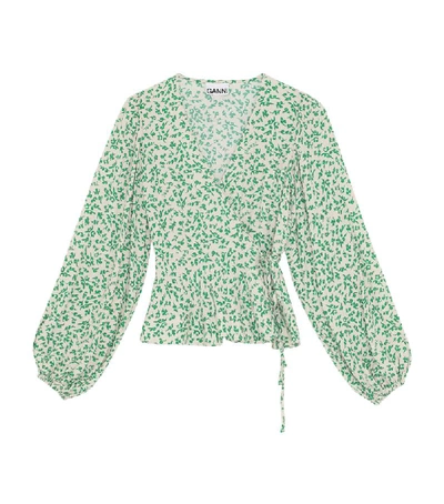 Ganni Blouson-sleeve Floral-print Crepe Wrap Top In Green-lt