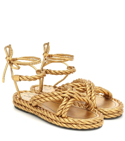 Valentino Garavani The Rope Crisscross Flat Ankle-wrap Sandals In Gold