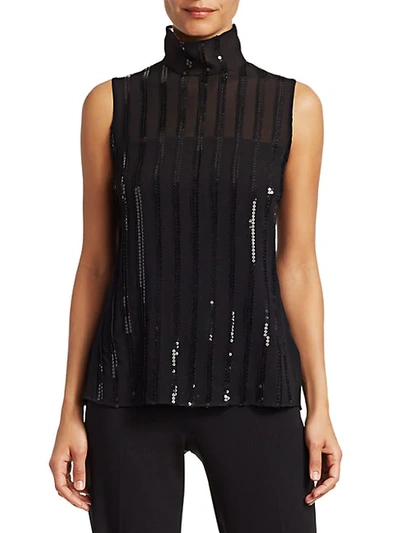 Akris Punto Sequin Stripe Silk Georgette Turtleneck Top In Black