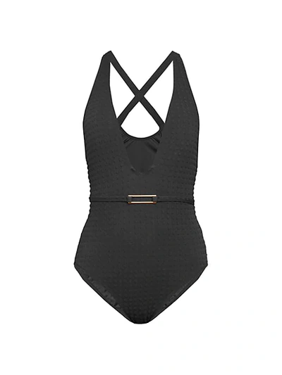 La Blanca Swim Point Plunge Belted One-piece Swimsuit In Black