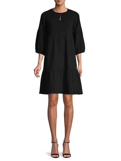 Saks Fifth Avenue Textured Gauze Puff-sleeve Flounce Dress In Black
