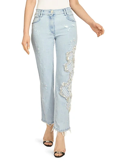 Balmain Faux Pearl Embroidered Washed Straight-leg Jeans In Blue