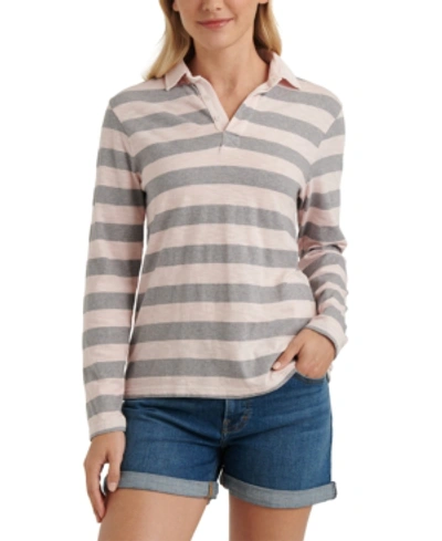 Lucky Brand Rugby Stripe Long Sleeve Polo In Pink Multi