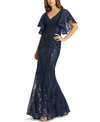 Mac Duggal Sequin Flutter Sleeve Evening Gown In Midnight Blue