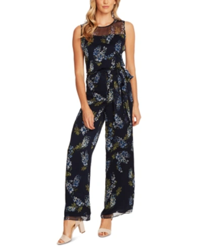 Vince Camuto Petite Weeping Willows Printed Illusion Jumpsuit In Night Navy