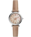 FOSSIL WOMEN'S MINI CARLIE SILVER TONE CASE WITH SAND LEATHER STRAP