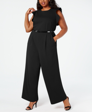 calvin klein black jumpsuit ruffle sleeve