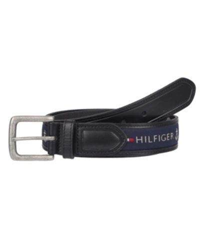 Tommy Hilfiger Men's Signature Ribbon Inlay Harness Buckle Belt In Black