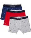 Lacoste 3 Pack Trunks With All Over Logo In Navy/ Gray/ Red-multi In Methylene/silver Chine