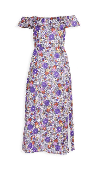Wayf Ruffle Floral Print Linen Midi Dress In Purple Sketch Daisy Floral