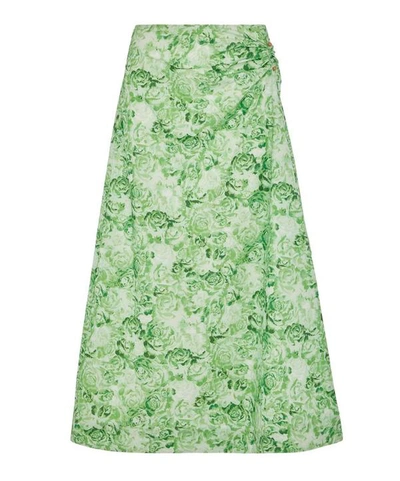 Ganni Printed Cotton Poplin Maxi-skirt In Island Green