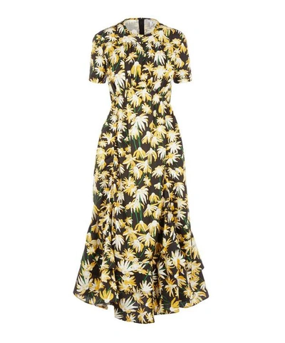 Loewe Daisy Print Gathered Cotton Midi Dress In Black Yellow | ModeSens