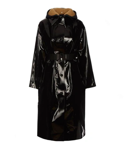 Kassl Editions Sheepskin Hood Lacquered Coat In Black