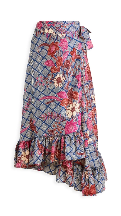 Apiece Apart Feliz Ruffled Floral-print Silk-satin Wrap Midi Skirt In Blue
