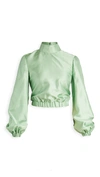 BRANDON MAXWELL LIQUID SATIN TOP CROPPED GATHERED SATIN BLOUSE