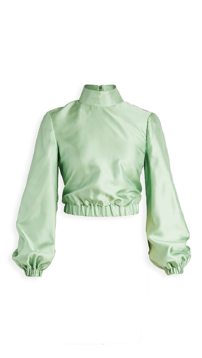 Brandon Maxwell Liquid Satin Top Cropped Gathered Satin Blouse In Lime