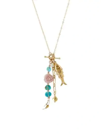 Chan Luu Turquoise & Mother-of-pearl Charm Lariat Necklace In Gold