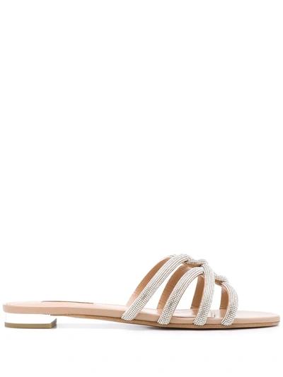 Aquazzura Moondust Crystal-embellished Leather Slides In Beige