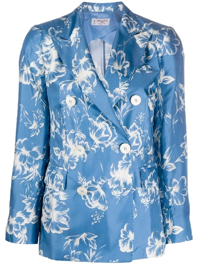 Alberto Biani Silk Floral Print Blazer In Blue