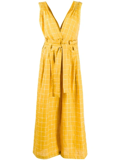 Mes Demoiselles V-neck Wide-leg Check Jumpsuit In Yellow