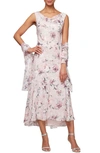 Alex Evenings Floral-print A-line Dress & Shawl In Blush Multi