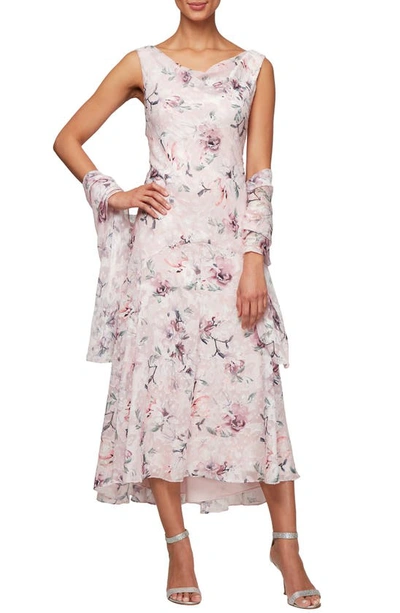 ALEX EVENINGS ALEX EVENINGS FLORAL BURNOUT HIGH/LOW CHIFFON DRESS WITH WRAP,8275719