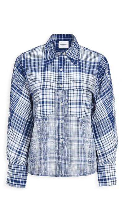 Colovos Check Front Yoke Pocket Blouse In Blue/white