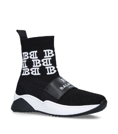 Balmain Kids' Slip-on Logo Printed Knit Sock Sneakers In Black