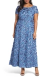 Alex Evenings Rosette Lace Short Sleeve A-line Gown In Brushed Periwinkle