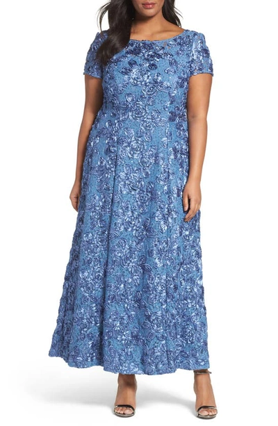 Alex Evenings Rosette Lace Short Sleeve A-line Gown In Brushed Periwinkle