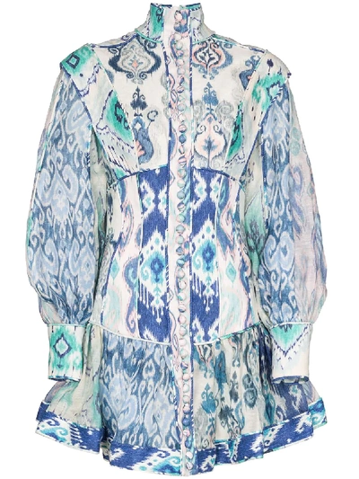 Zimmermann Glassy Ruffled Paisley-print Mini Dress In Blue/white