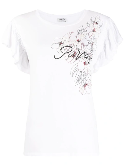Liu •jo Floral-print Ruffle-sleeve T-shirt In White
