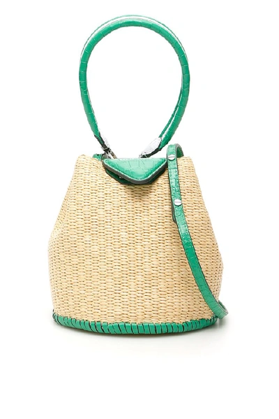 Danse Lente Josh Extra-small Leather-trimmed Raffia Bag In Green,beige