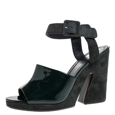 Pre-owned Celine Green Patent Leather And Suede Ankle Strap Open Toe Platform Sandals Size 37.5