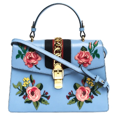 Pre-owned Gucci Blue Floral Embroidered Leather Medium Sylvie Top Handle Bag