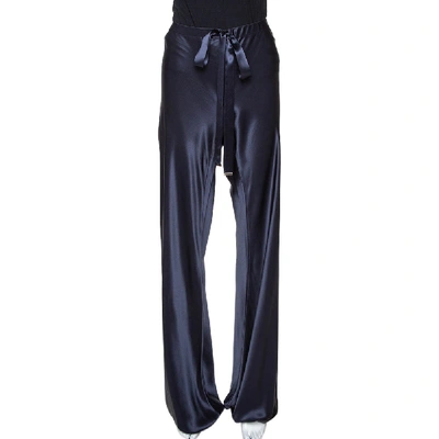 Pre-owned Roberto Cavalli Navy Blue Silk Satin Wide Leg Pants L