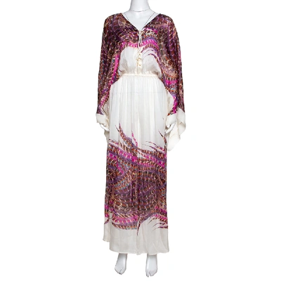 Pre-owned Roberto Cavalli White & Pink Feather Printed Silk Maxi Kaftan Dress M